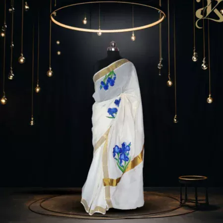 Blue Flower Handpainted Kerala Saree