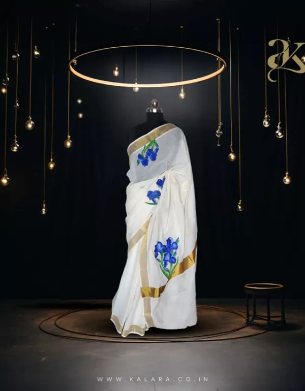 Blue Flower Handpainted Kerala Saree