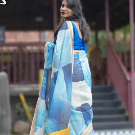 Blue Shapes Full-Body Digital Printed Kerala Saree