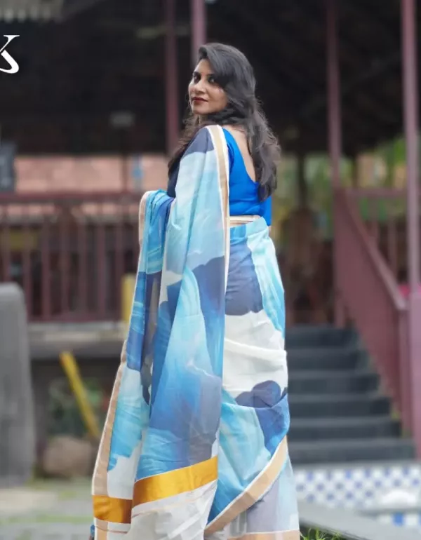 Blue Shapes Full-Body Digital Printed Kerala Saree