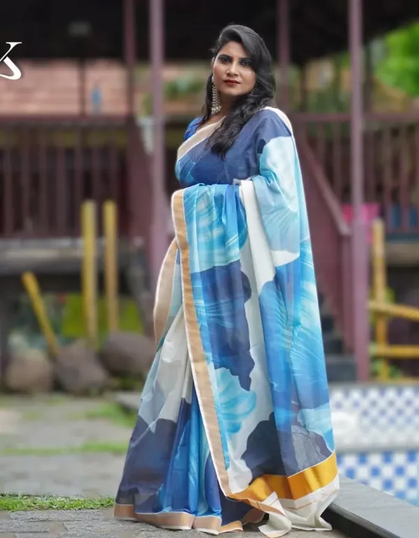 Blue Shapes Full-Body Digital Printed Kerala Saree-2