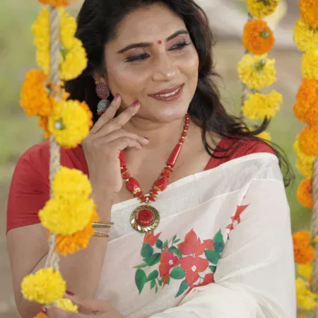 Bougainvillea Handpainted Kerala Saree – Silver Border