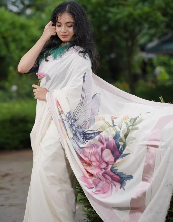Dragonfly (Thumbi) Pallu Digital Printed Kerala Saree