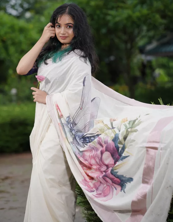 Dragonfly (Thumbi) Pallu Digital Printed Kerala Saree