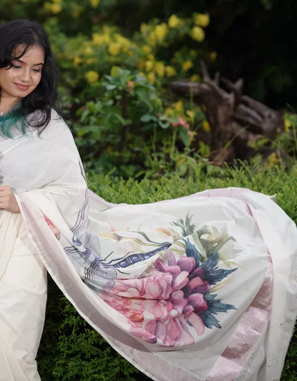 Dragonfly (Thumbi) Pallu Digital Printed Kerala Saree