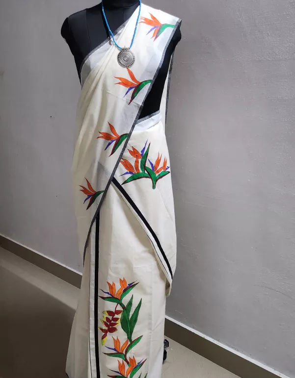 Exotic Flowers Handpainted Set Mundu – Cotton Elegance