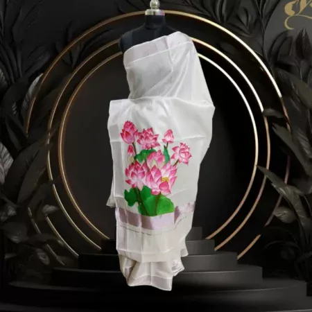 Hand-Painted Lotus Pallu Kerala Saree – Tissue Rose Gold