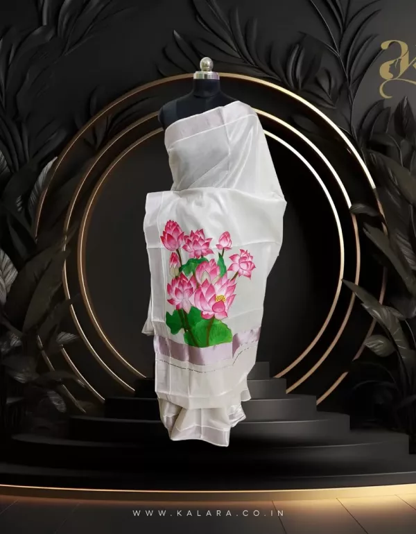 Hand-Painted Lotus Pallu Kerala Saree – Tissue Rose Gold