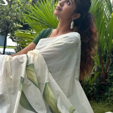 Leaf Digital Printed Kerala Saree – Silver Cotton
