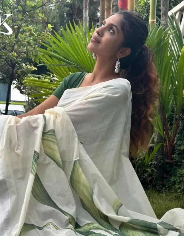 Leaf Digital Printed Kerala Saree – Silver Cotton