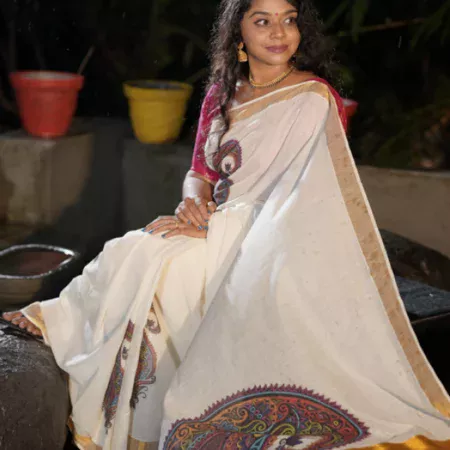 Mandala Digital Printed Kerala Saree – Silver Viscose Cotton
