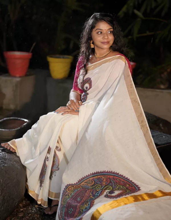 Mandala Digital Printed Kerala Saree – Silver Viscose Cotton
