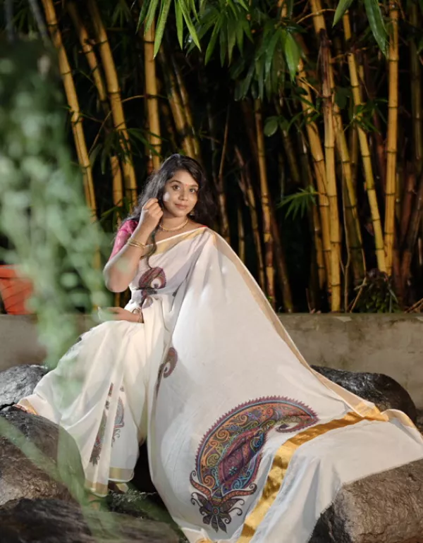 Mandala Digital Printed Kerala Saree – Silver Viscose Cotton