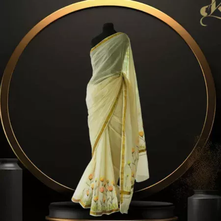 Marigold Handpainted Kerala Saree – Gold Cotton