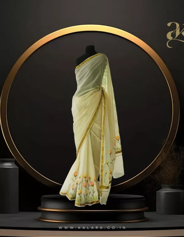 Marigold Handpainted Kerala Saree – Gold Cotton