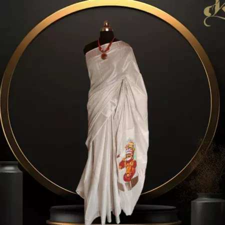 Muthappan Handpainted Kerala Saree – Onion Gold Tissue Cotton