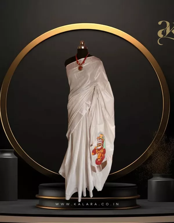 Muthappan Handpainted Kerala Saree – Onion Gold Tissue Cotton