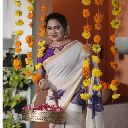 Blue flower Digital Printed Kerala Saree