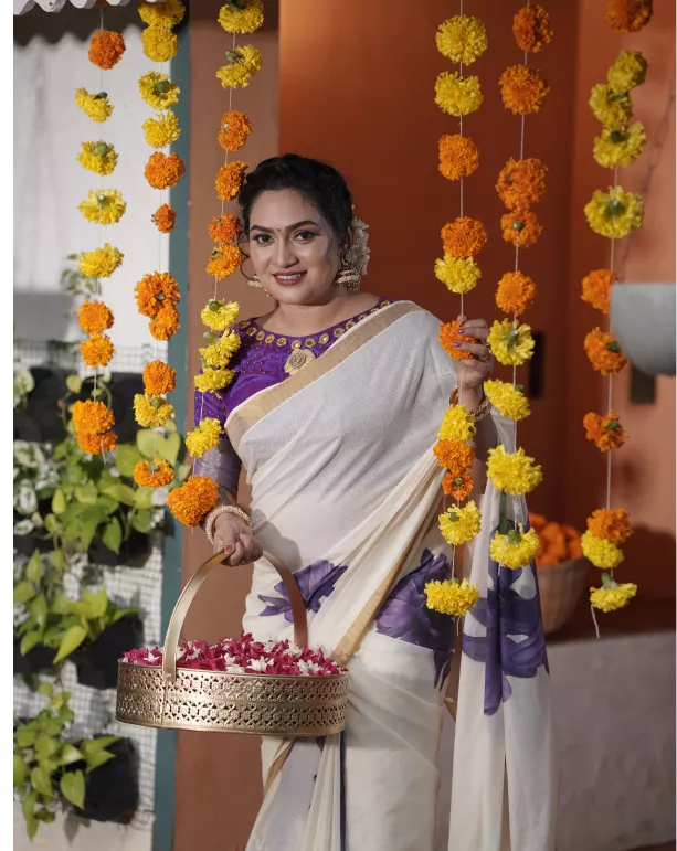Blue flower Digital Printed Kerala Saree