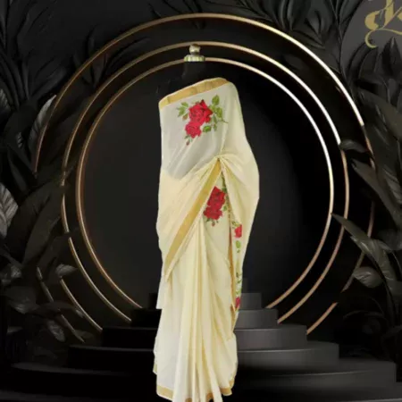 Rose hand painted Kerala Saree