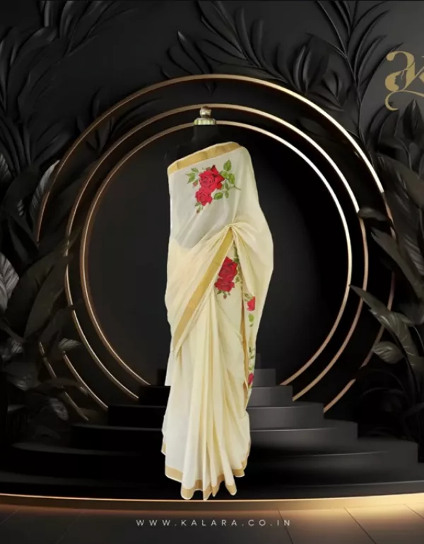 Rose hand painted Kerala Saree