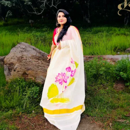 Hand painted Lotus Kerala Saree