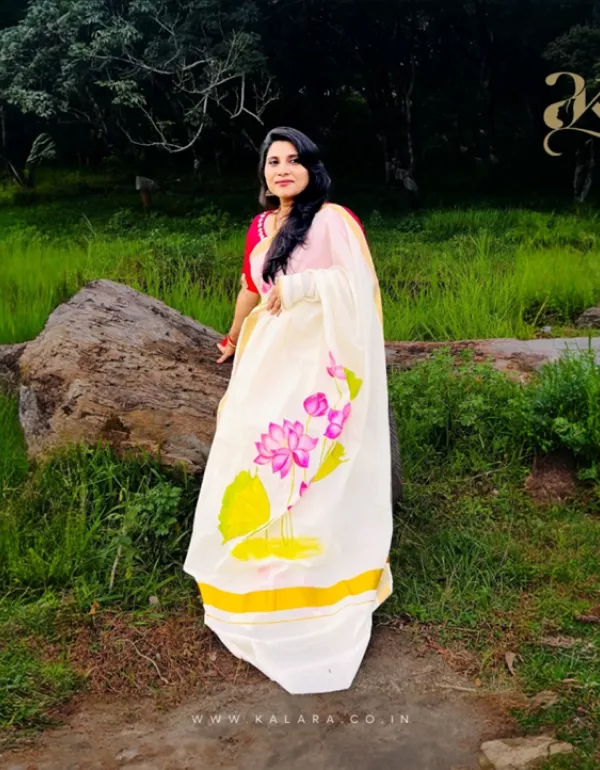 Hand painted Lotus Kerala Saree