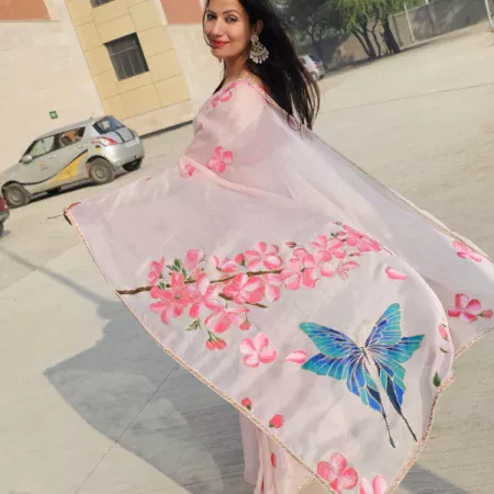 Cherry Blossom Handpainted Saree – Ethereal Elegance in Bloom