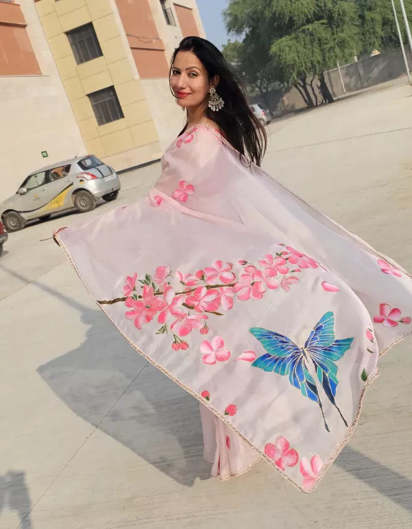 Cherry Blossom Handpainted Saree – Ethereal Elegance in Bloom