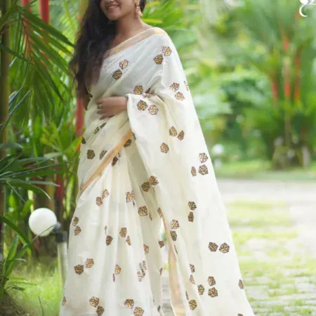 Golden Embroidery Kerala Saree