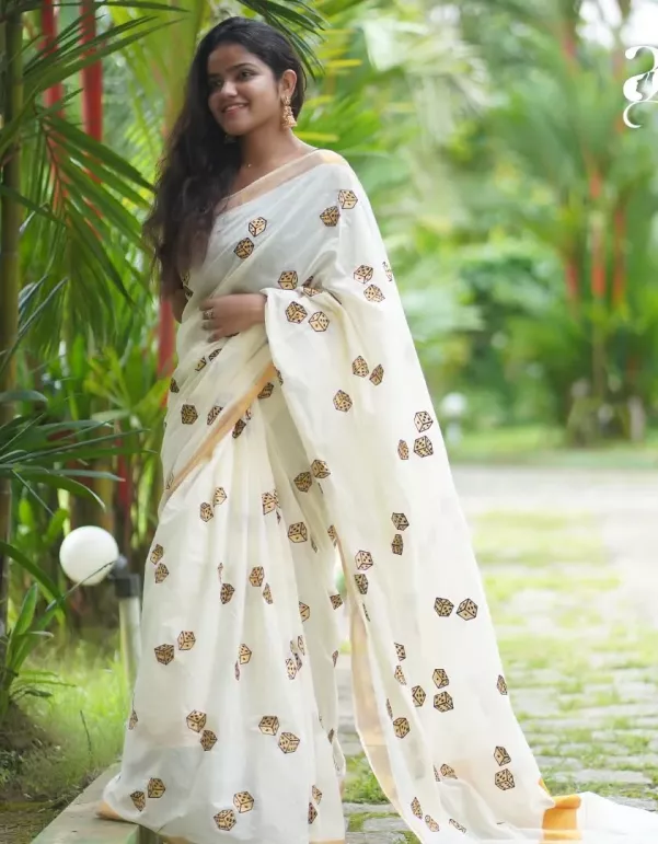 Golden Embroidery Kerala Saree