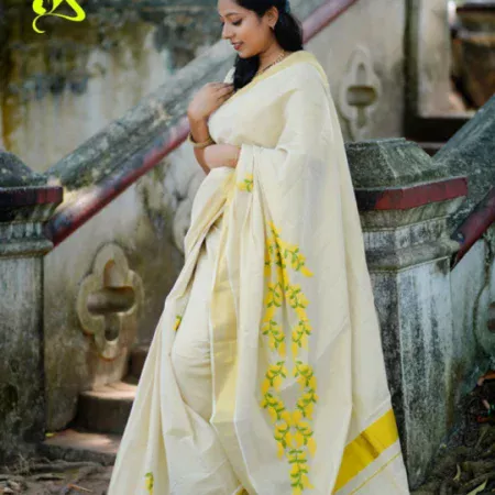 Hand-Embroidered Kerala Saree - Gold