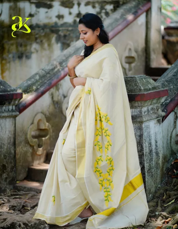 Hand-Embroidered Kerala Saree - Gold