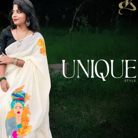 Lady with Elephant Handpainted Kerala Saree