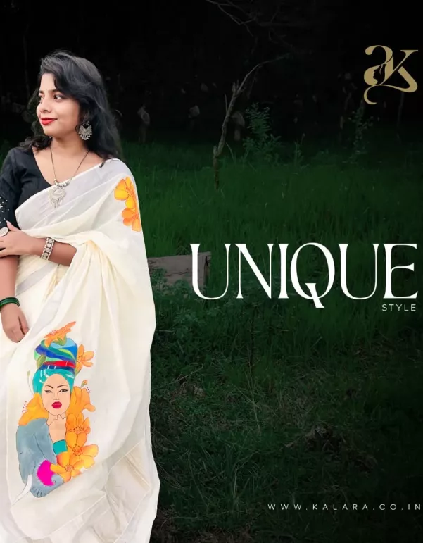 Lady with Elephant Handpainted Kerala Saree