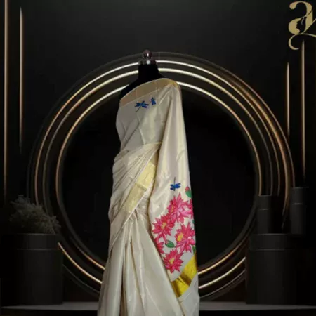 Water Lily Handpainted Kerala Saree