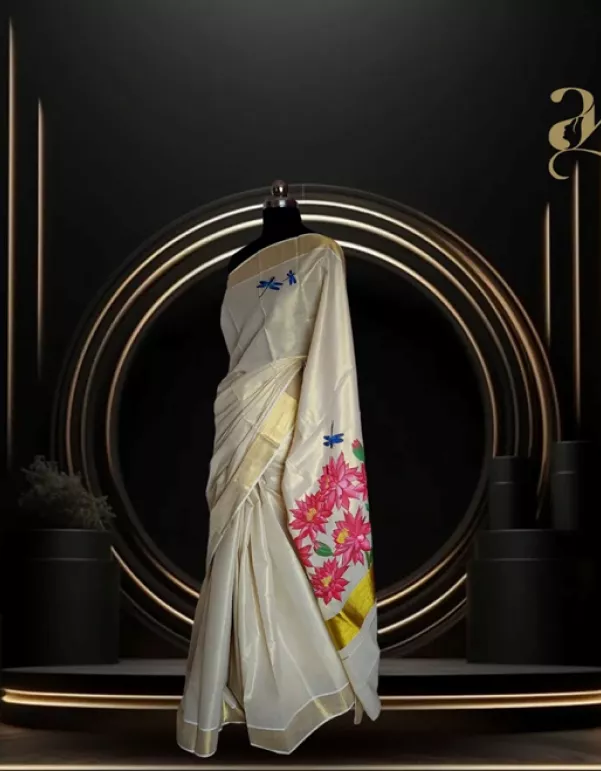 Water Lily Handpainted Kerala Saree